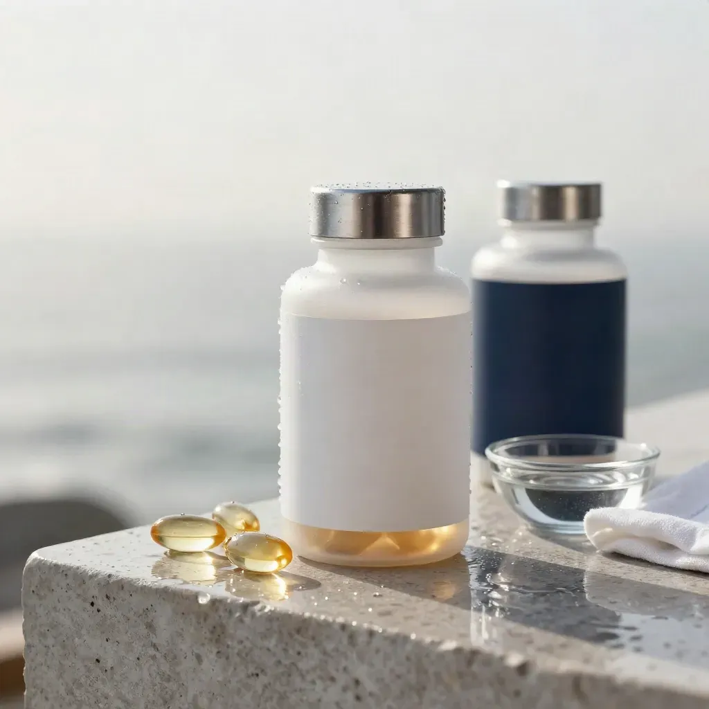 Fish oil bottle with softgels on wet stone beside a glass bowl in coastal mist.