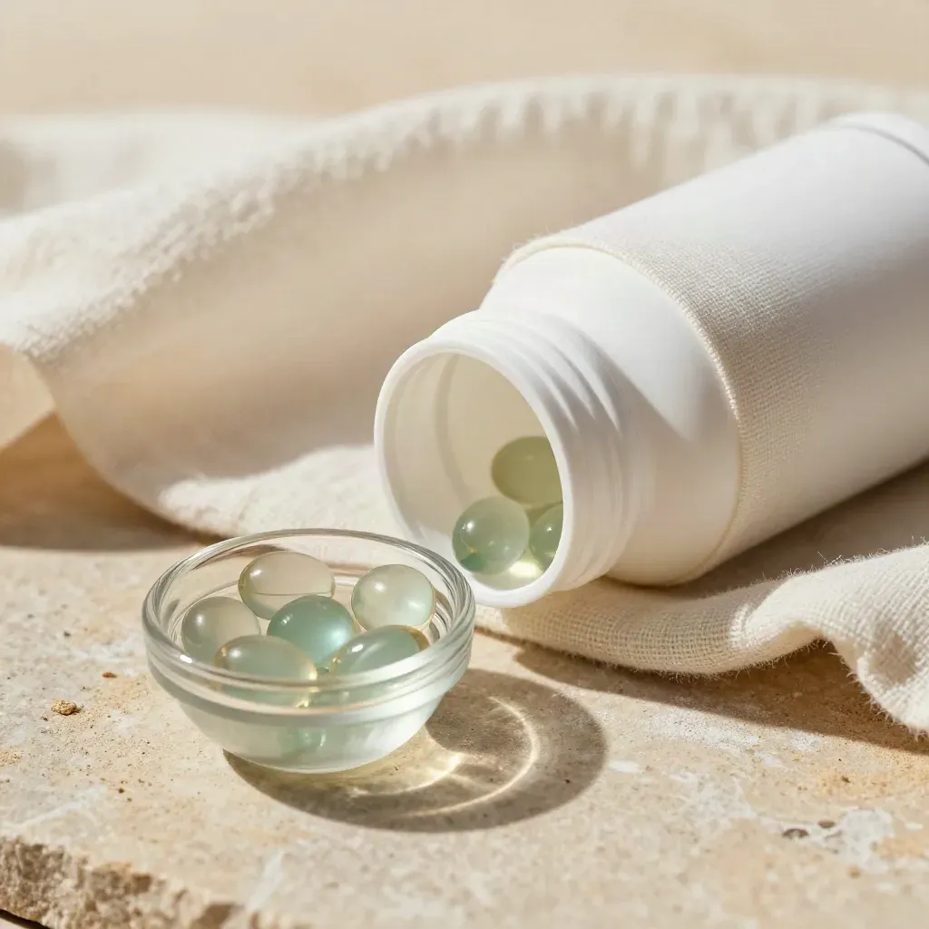 Muslin-wrapped omega bottle with glass bowl of translucent beads on warm stone.