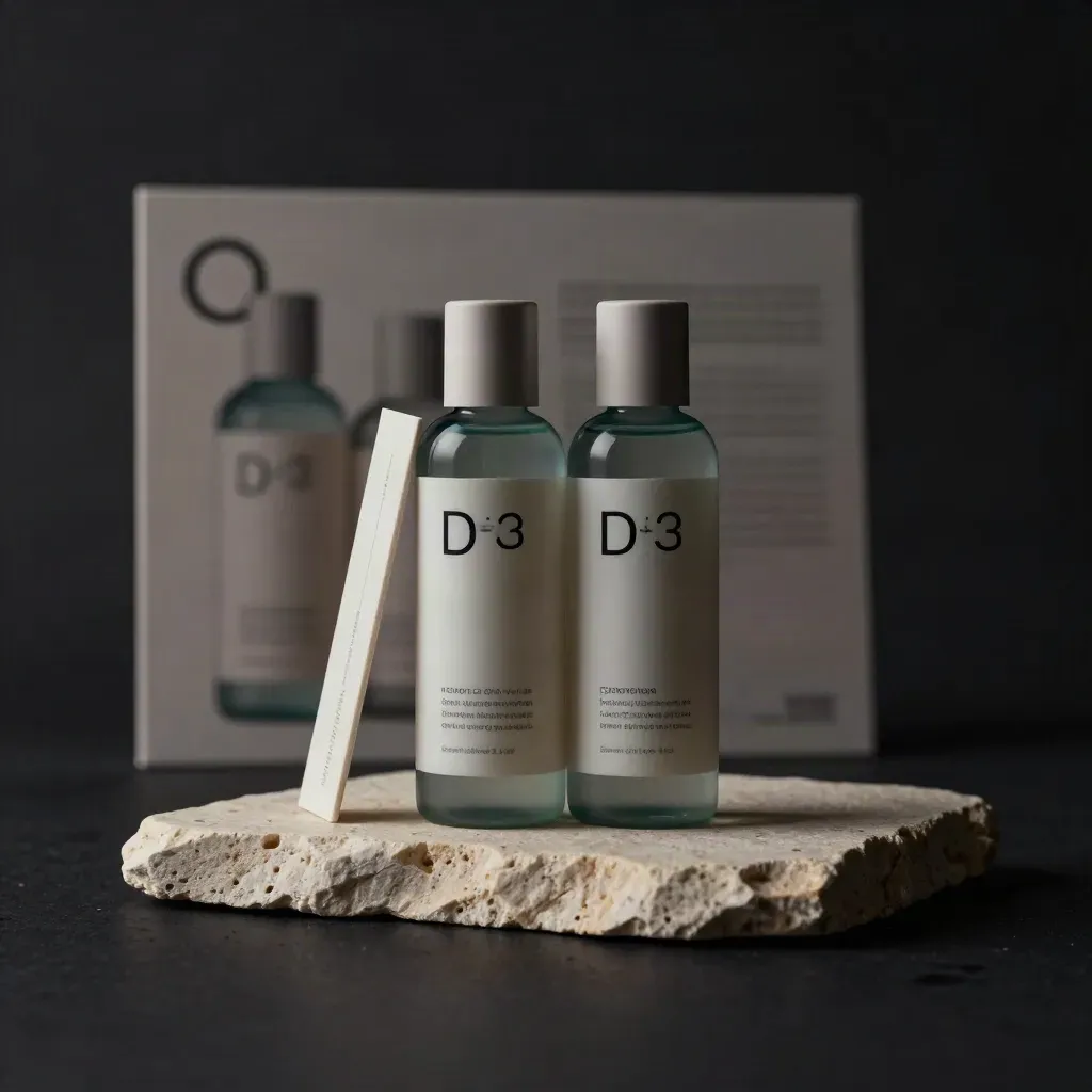 Two omega 3 + D3 bottles with a bundle pack on a stone riser in dark studio light.