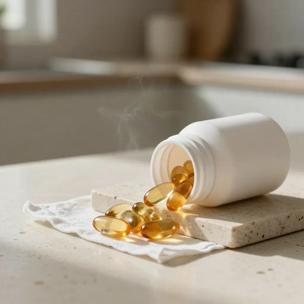 Omega softgels bottle with capsules on travertine, linen strip, and soft morning steam