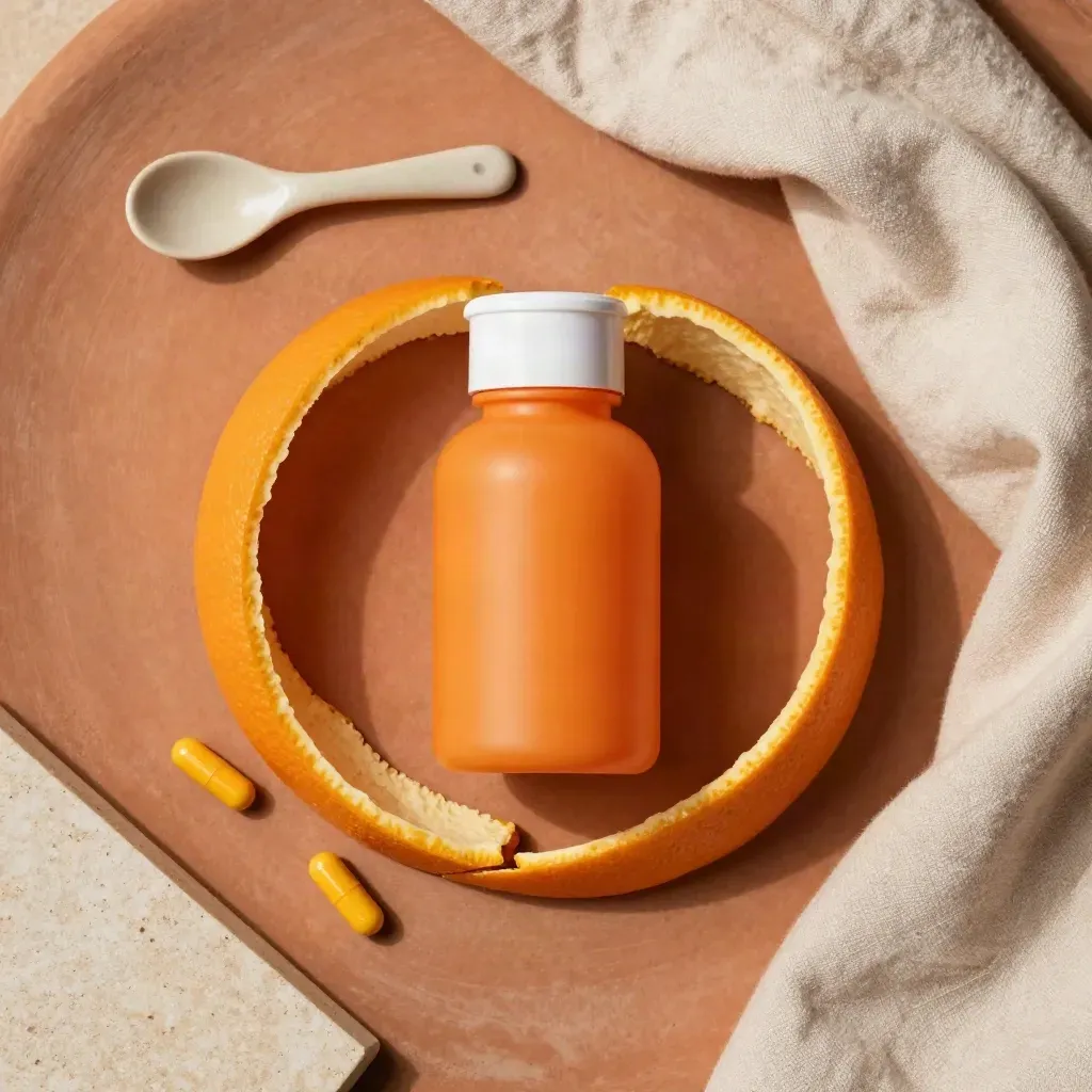 Overhead flatlay of orange omega bottle, peel curls, cloth, spoon and capsules.
